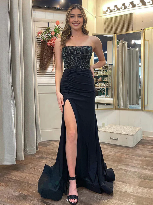 OKBBN Cute Mermaid Off Shoulder Satin Split Long Ball Dress