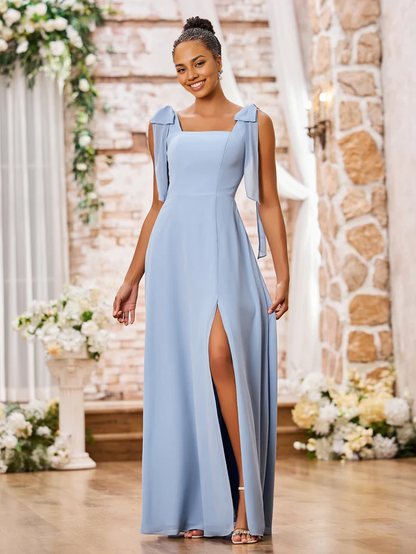 OKBBN Double Bow Shoulder Strap Square Neck Chiffon Split Bridesmaid Dress