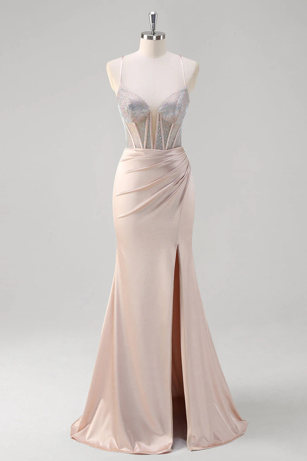 OKBBN mermaid thin shoulder strap pleated tight corset bead long slit ball dress