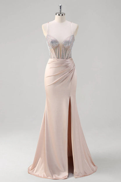 OKBBN mermaid thin shoulder strap pleated tight corset bead long slit ball dress