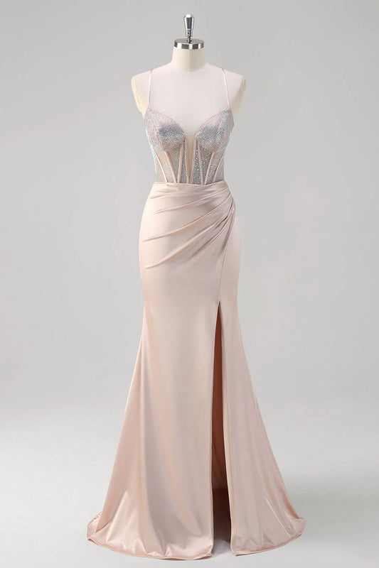 OKBBN mermaid thin shoulder strap pleated tight corset bead long slit ball dress