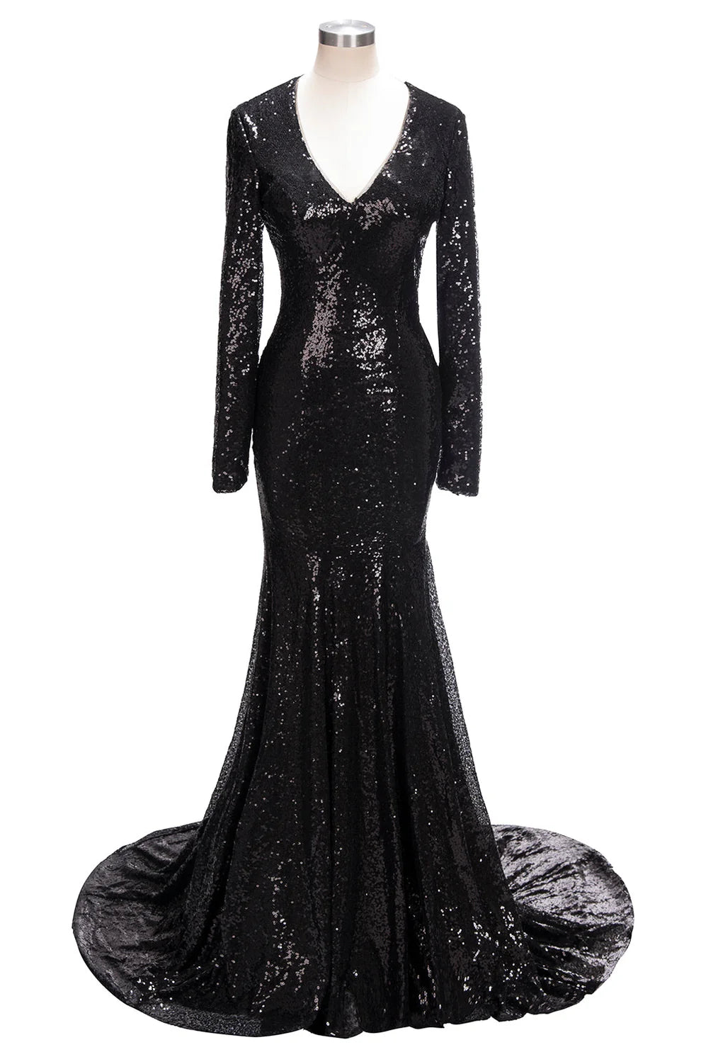 OKBBN Long Mermaid V-neck Sparkling Sleeved Ball Dress