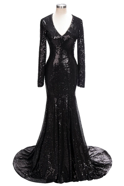 OKBBN Long Mermaid V-neck Sparkling Sleeved Ball Dress