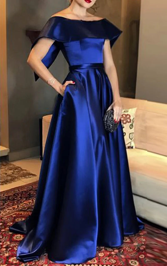 OKBBN boat collar long satin formal dance dress
