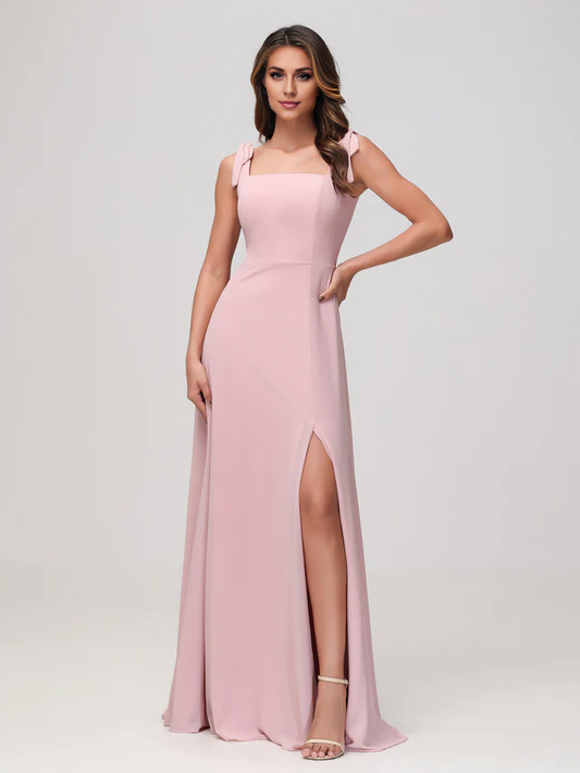 OKBBN square neckline sleeveless and floor chiffon bridesmaid dress