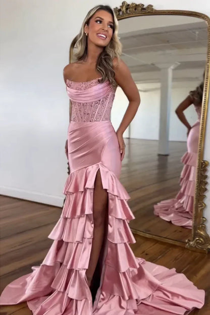 OKBBN Sweet and Cute Mermaid Off Shoulder Sleeveless Ruffle Sparkle Stacked High Side Split Ball Dress