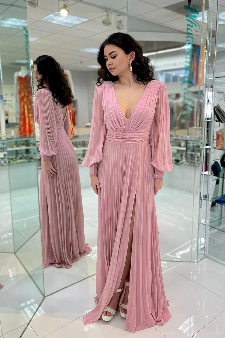 OKBBN charming A-line V-neck chiffon long sleeved bridesmaid dress