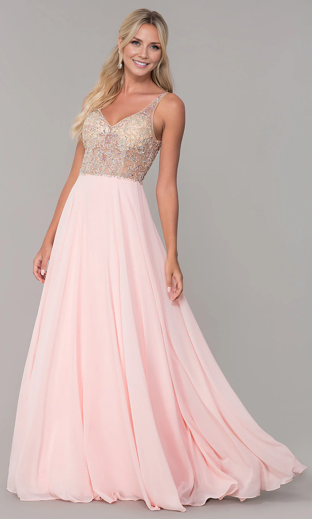 OKBBN Chiffon Backless V-neck Long Ball Dress