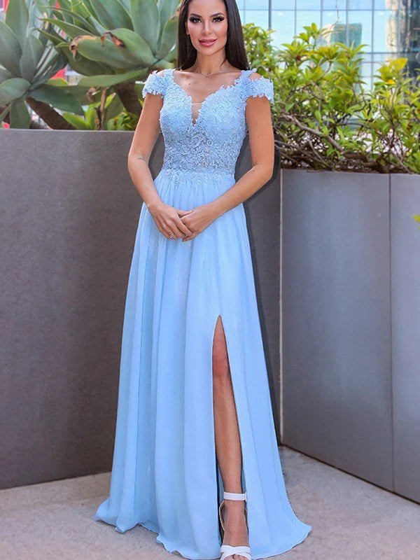 OKBBN A-line Elegant and Off Shoulder Sleeveless Chiffon Decal Ball Dress