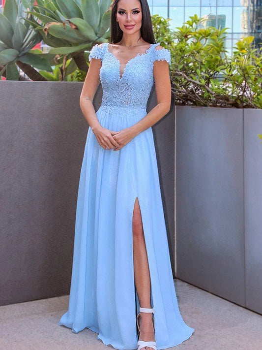 OKBBN A-line Elegant and Off Shoulder Sleeveless Chiffon Decal Ball Dress