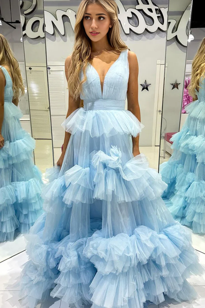 OKBBN A-line V-neck layered chiffon long ball gown