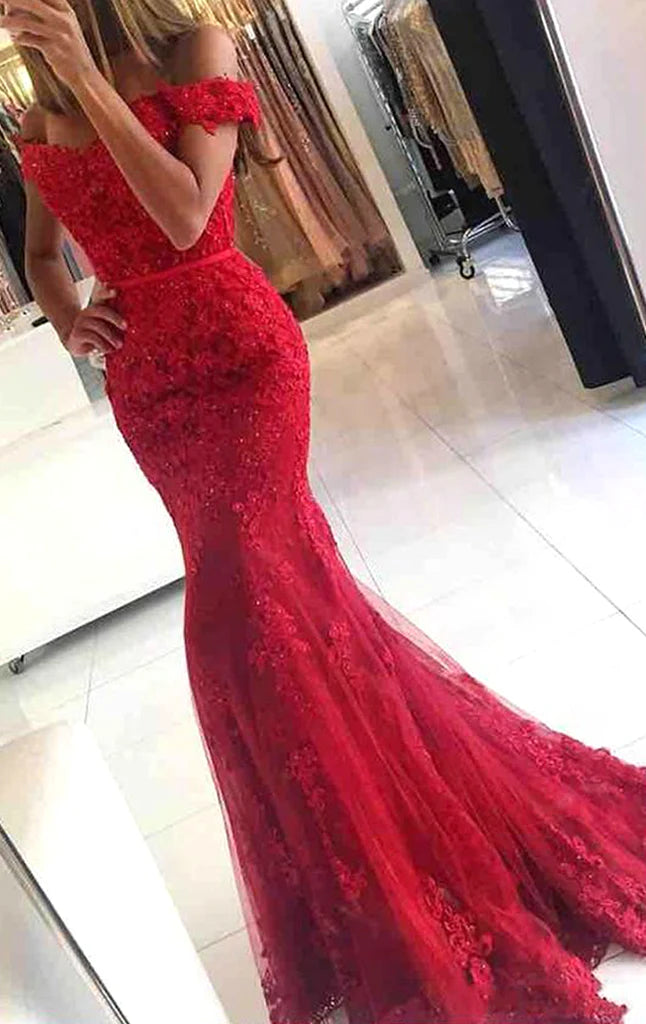 OKBBN Mermaid Off Shoulder Lace Long Formal Ball Dress
