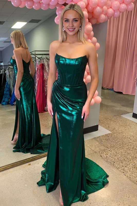 OKBBN unique tight fitting boat neck sleeveless pleated back zipper high side slit dance dress