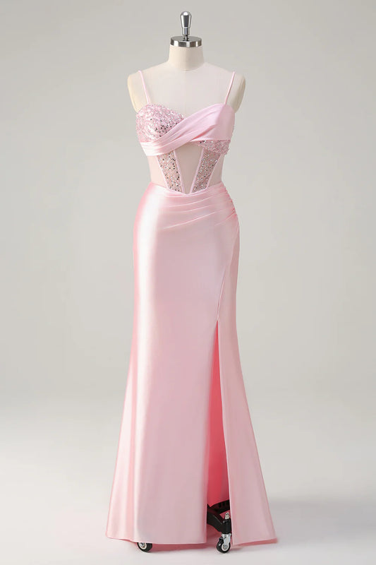 OKBBN elegant mermaid sequin tight corset long slit party dress