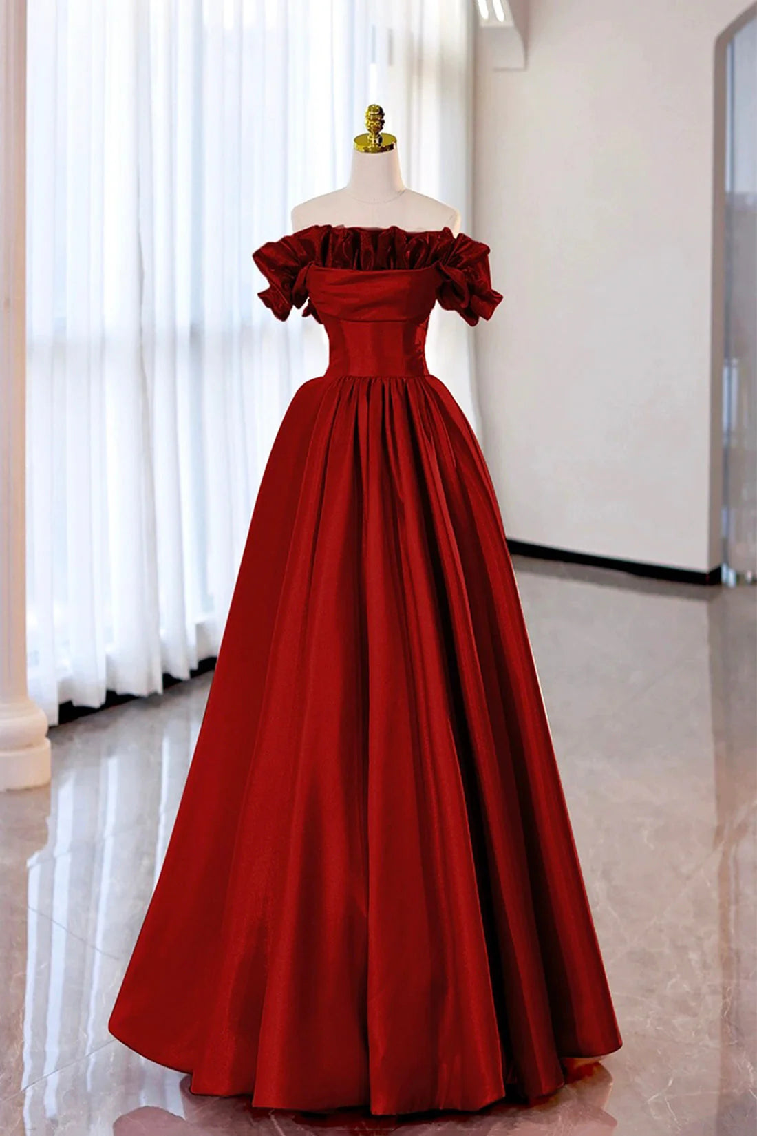 OKBBN's elegant off shoulder satin long A-line dance dress