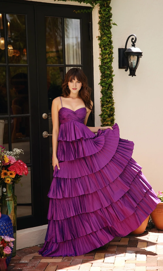 OKBBN A-line layered ruffle edge heart-shaped neckline thin shoulder strap ballroom dress