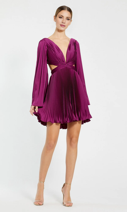 OKBBN long sleeved pleated short style deep V-neck pleated semi formal back to school dress