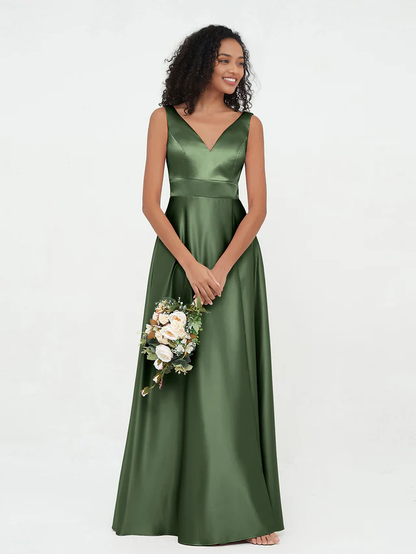 OKBBN Princess V-neck satin pocket bridesmaid dress