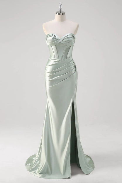 OKBBN mermaid off shoulder pleated satin tight corset long slit evening gown