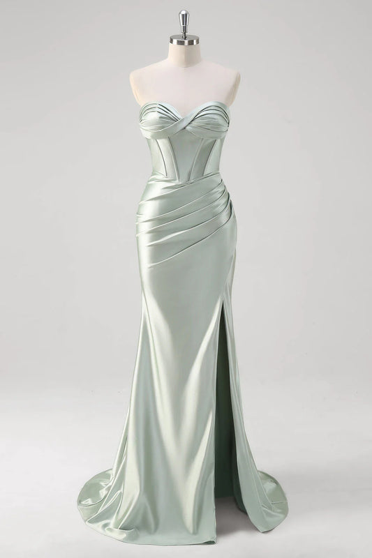 OKBBN mermaid off shoulder pleated satin tight corset long slit evening gown