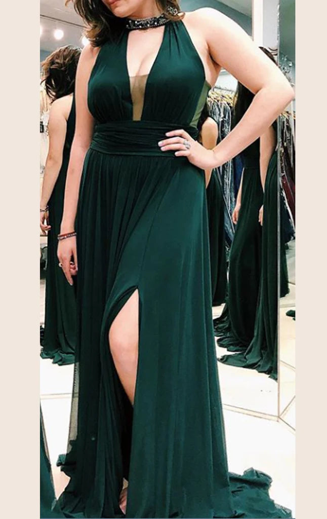 OKBBN Deep V-neck Knitted Long Formal Ball Dress