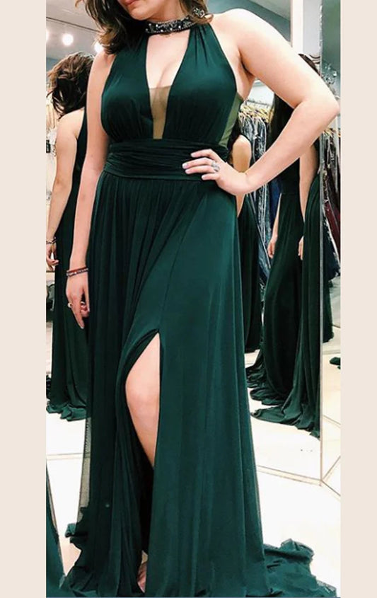 OKBBN Deep V-neck Knitted Long Formal Ball Dress