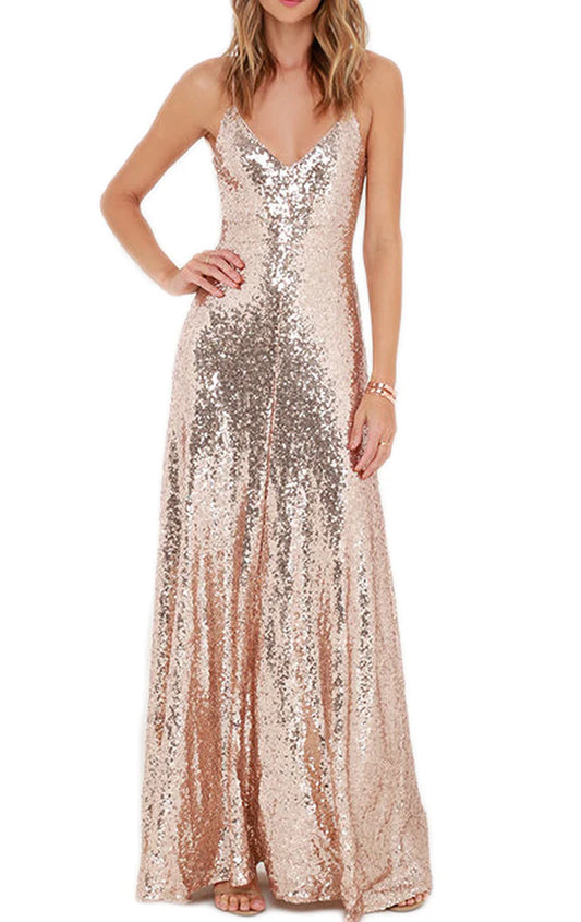 OKBBN thin shoulder strap V-neck sequined ball gown