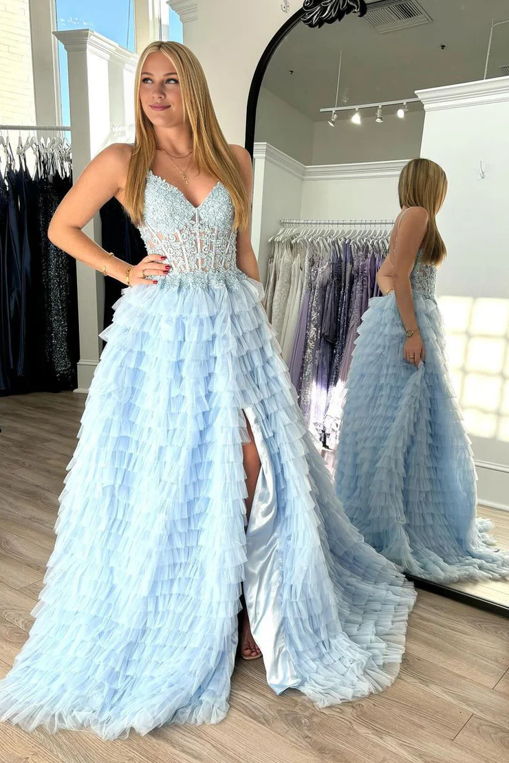 OKBBN charming V-neck ruffled layered chiffon long ball dress