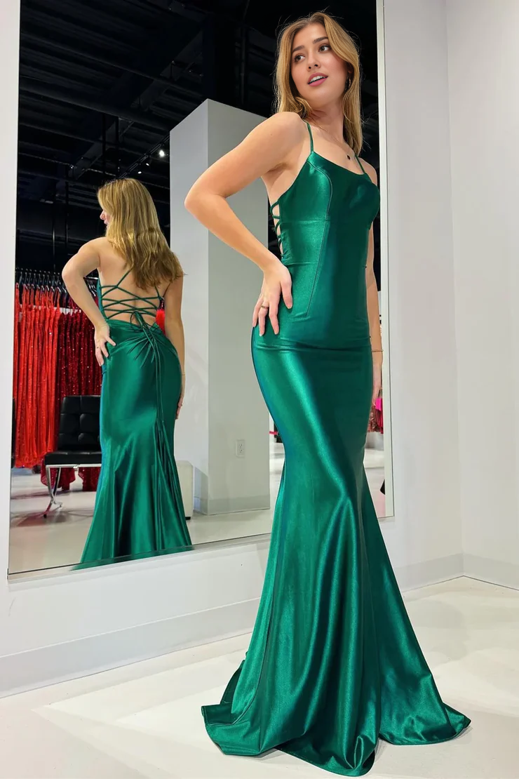 OKBBN Cute Mermaid Round Neck Elastic Satin Long Ball Dress