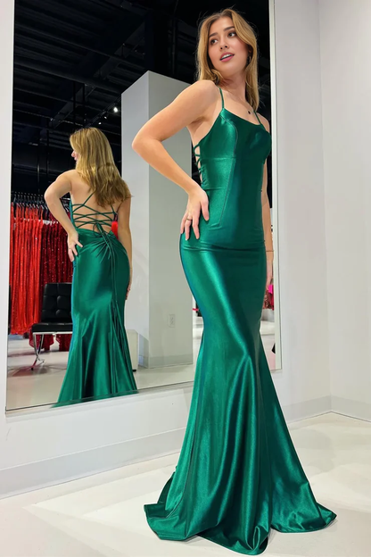 OKBBN Cute Mermaid Round Neck Elastic Satin Long Ball Dress