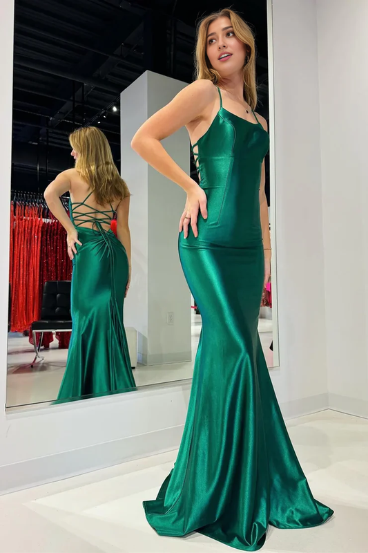OKBBN Cute Mermaid Round Neck Elastic Satin Long Ball Dress