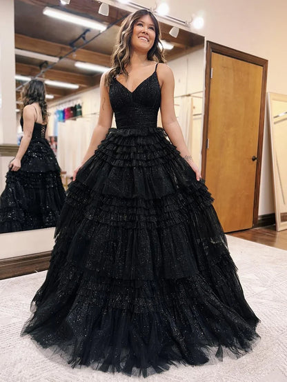 OKBBN A-line deep V-neck layered long sparkling chiffon dance dress