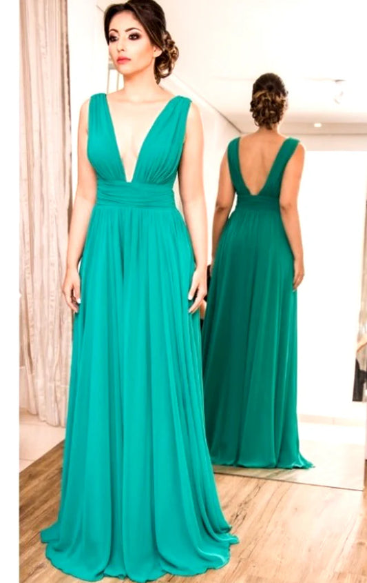 OKBBN Deep V-neck Chiffon Long Formal Ball Dress