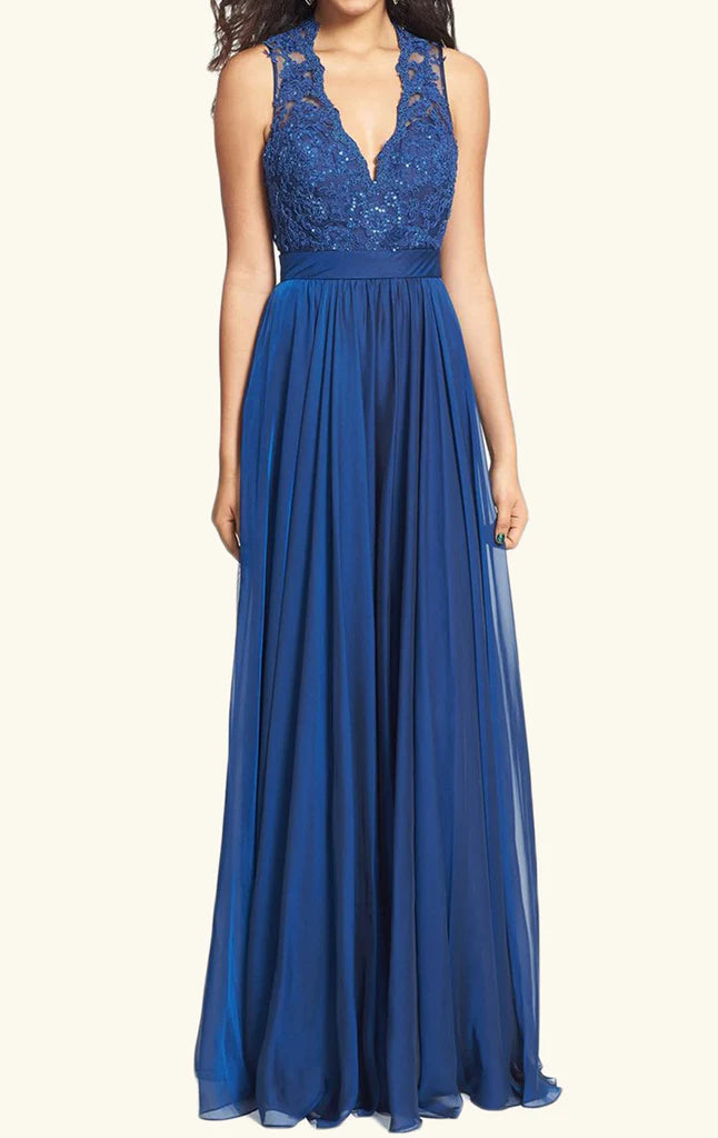 OKBBN Elegant Strap V-neck Lace Chiffon Long Ball Dress