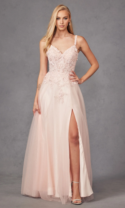 OKBBN elegant and charming long thin shoulder strap slit ball dress