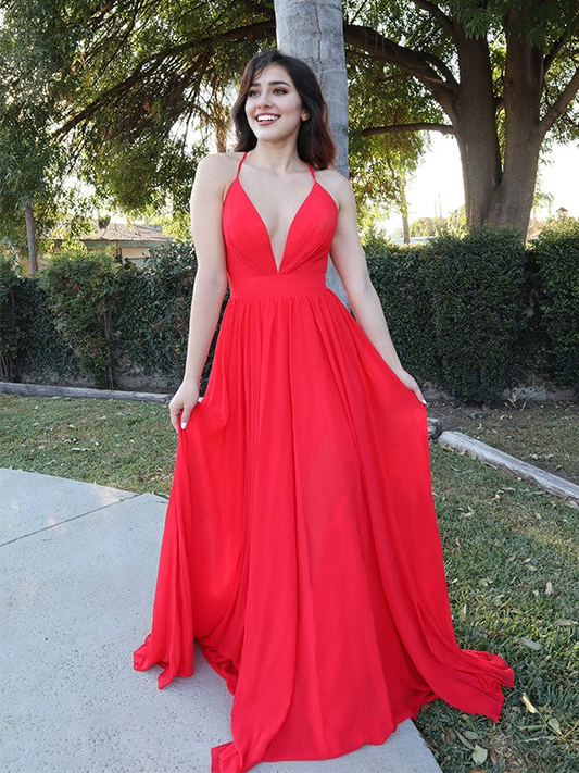 OKBBN A-line elegant chiffon thin shoulder strap ruffle edge sleeveless and floor dance dress