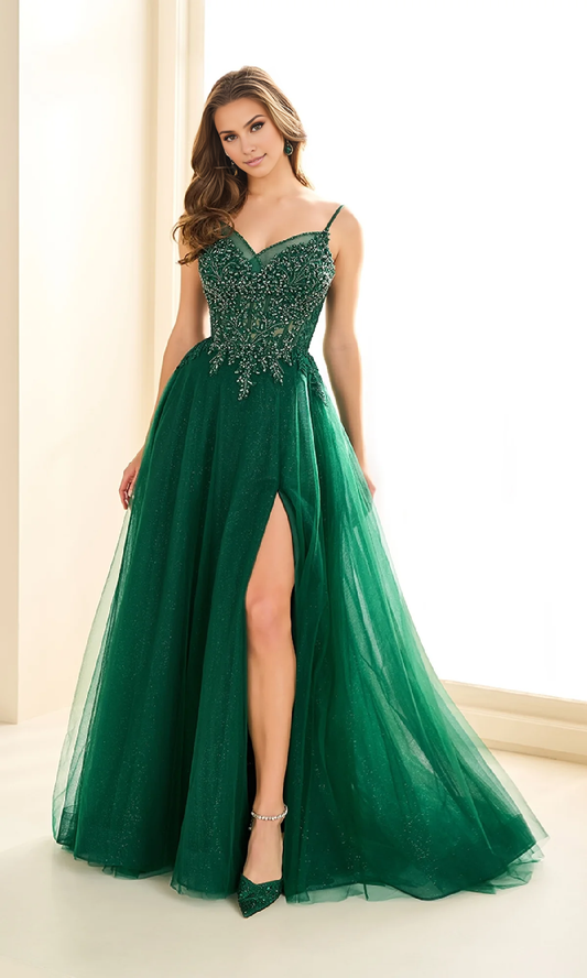 OKBBN sparkling chiffon decorative tight corset, A-line skirt, lace up back ballroom dress
