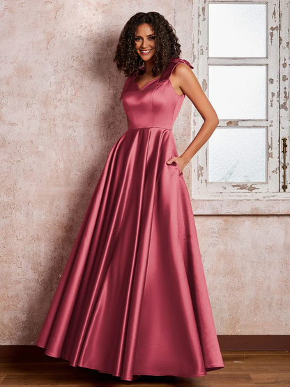 OKBBN V-neck and shoulder bow satin bridesmaid dress