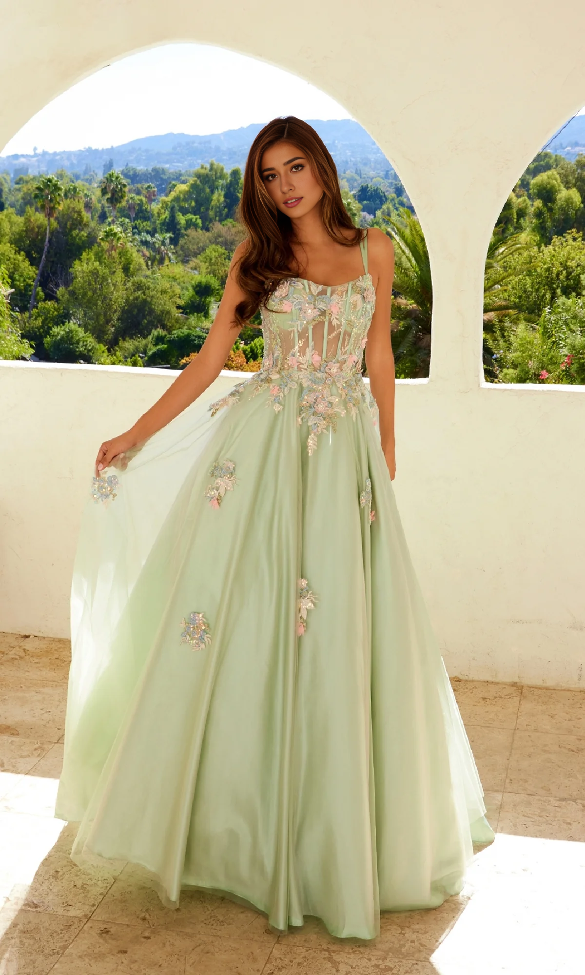 OKBBN elegant and charming long thin shoulder strap embroidered ball dress