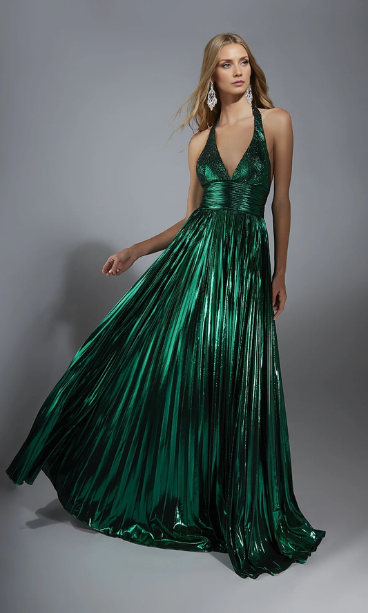 OKBBN V-neck long backless pleated sparkling ball gown