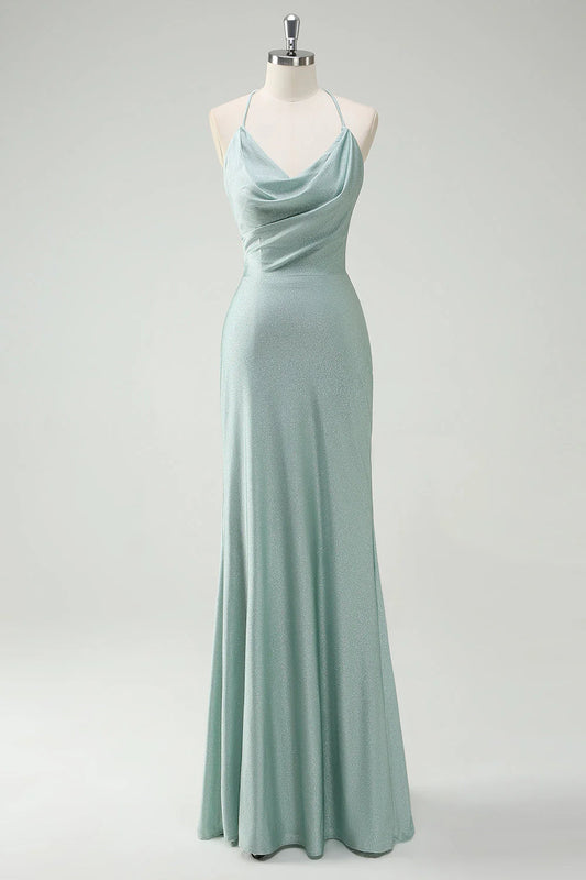 OKBBN mermaid slim shoulder strap pleated long sleeveless evening gown