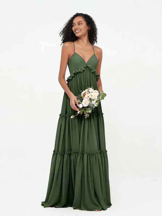 OKBBN chiffon thin shoulder strap layered sleeveless bridesmaid dress