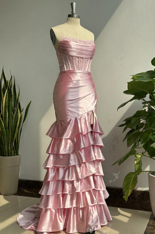 OKBBN tight off shoulder sleeveless pleated satin layered dance dress with appliqu é