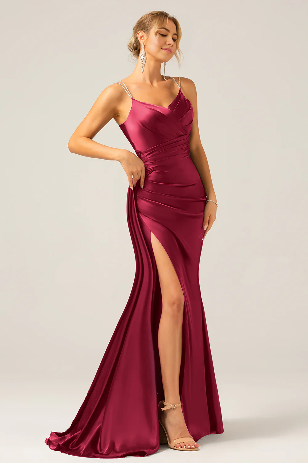 OKBBN mermaid slim shoulder strap pleated sequin slit dance dress