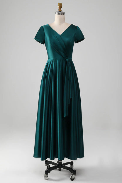 OKBBN V-neck A-line satin pleated bridal mother gown