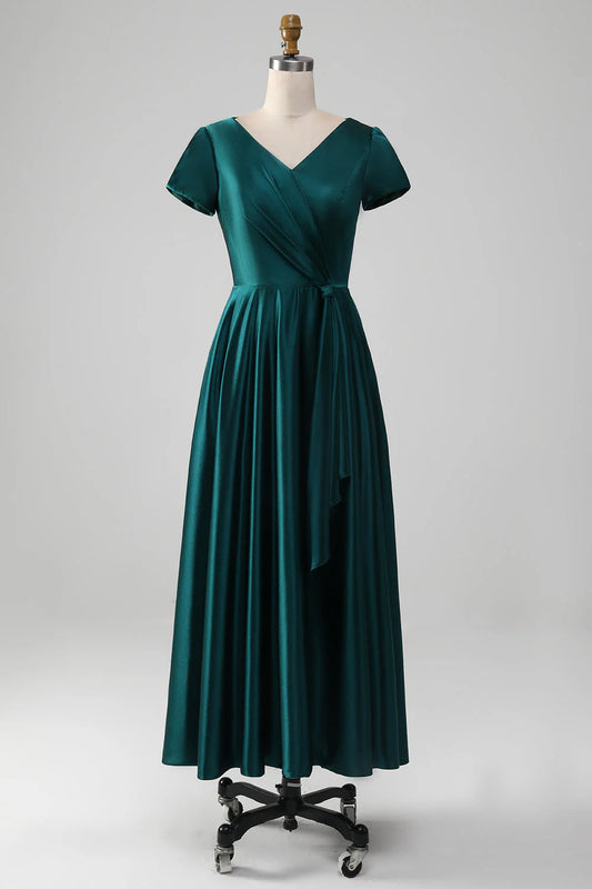 OKBBN V-neck A-line satin pleated bridal mother gown