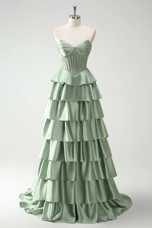 OKBBN A-line ruffle edge tight layered long ball gown