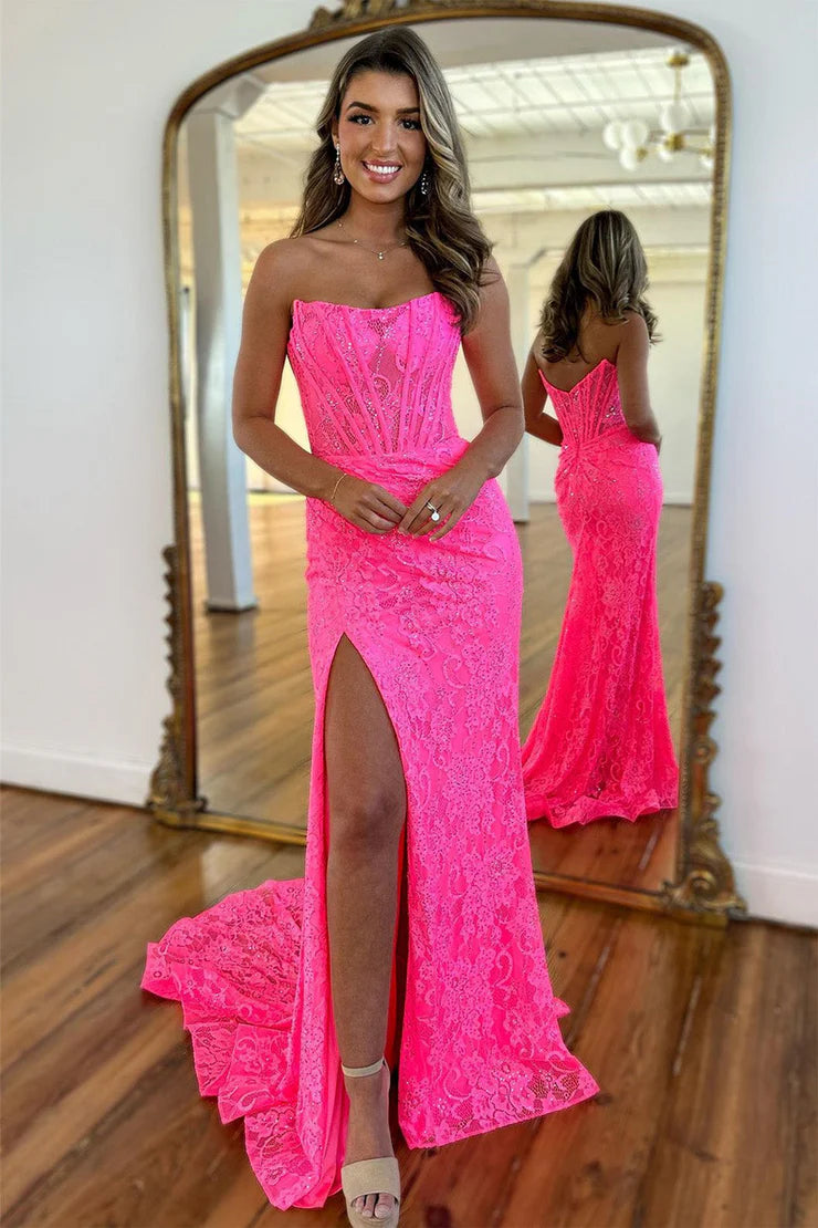 OKBBN mermaid off shoulder trailing lace slit dance dress