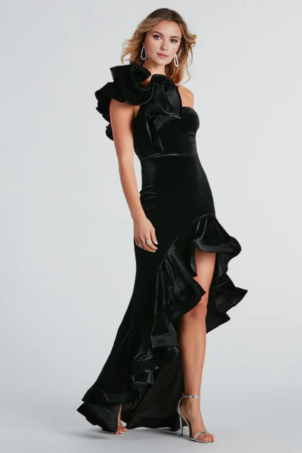 OKBBN Elegant Classic Slim One Shoulder Sleeveless Ruffle Velvet Ball Dress