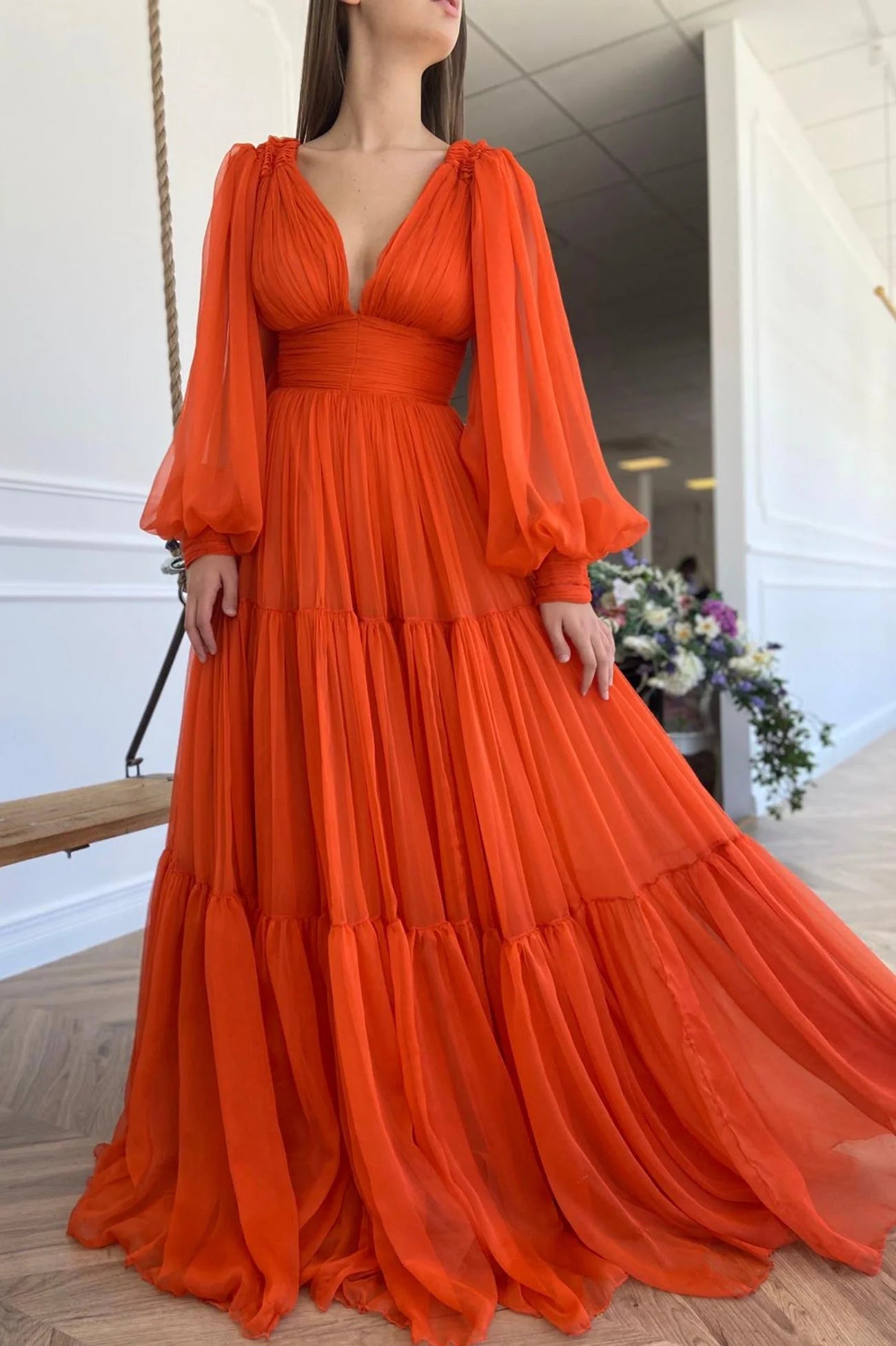 OKBBN Chiffon and Ground Long Sleeve Ball Dress